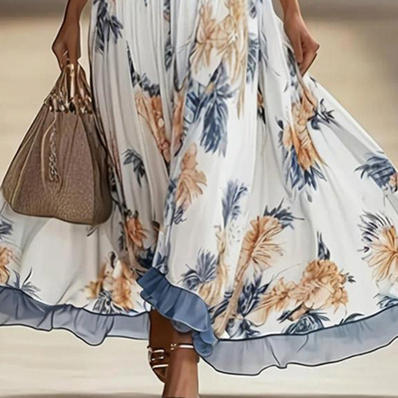 Women's Floral Print Maxi Dress With Deep V-Neck & Flare Sleeves, Elegant Flowy Wedding Guest Party Evening Dress