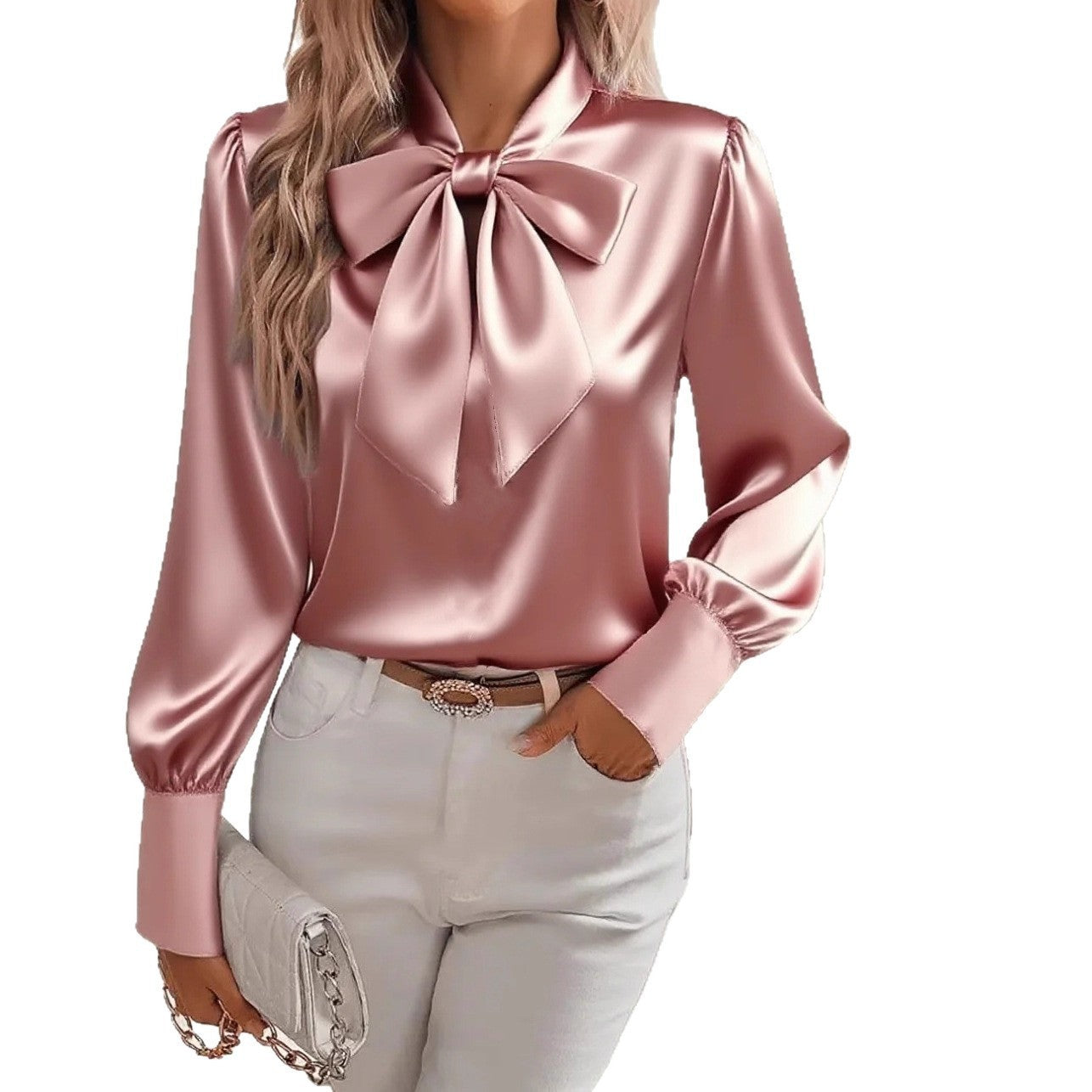 Women's Pure Color Casual Versatile Bow Satin Shirt
