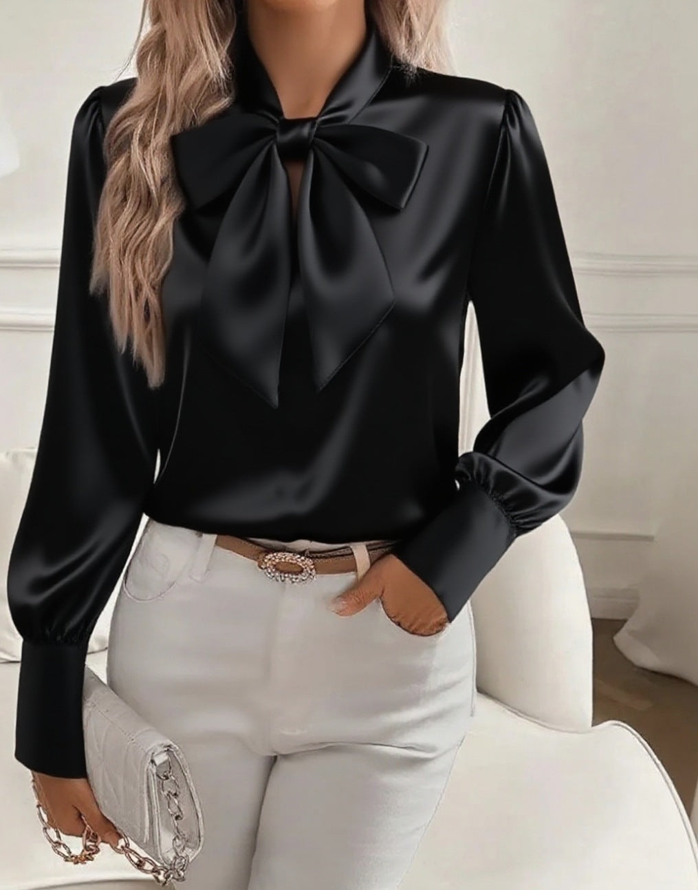 Women's Pure Color Casual Versatile Bow Satin Shirt