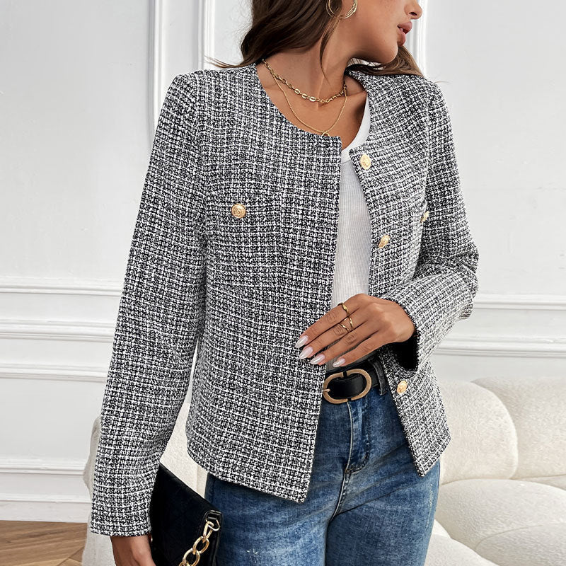 Loose Metal Button Single-breasted Plaid Coat For Women