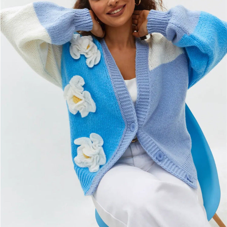 Flower Cardigan Lantern Sleeve Sweater Coat For Women