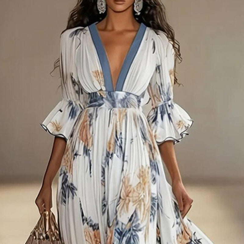 Women's Floral Print Maxi Dress With Deep V-Neck & Flare Sleeves, Elegant Flowy Wedding Guest Party Evening Dress