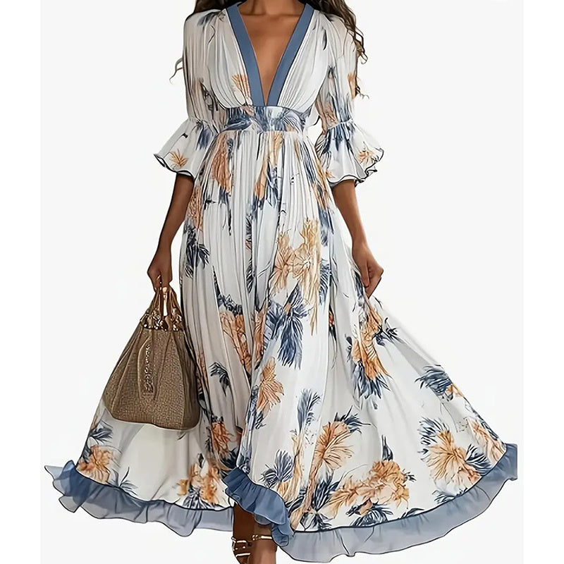 Women's Floral Print Maxi Dress With Deep V-Neck & Flare Sleeves, Elegant Flowy Wedding Guest Party Evening Dress