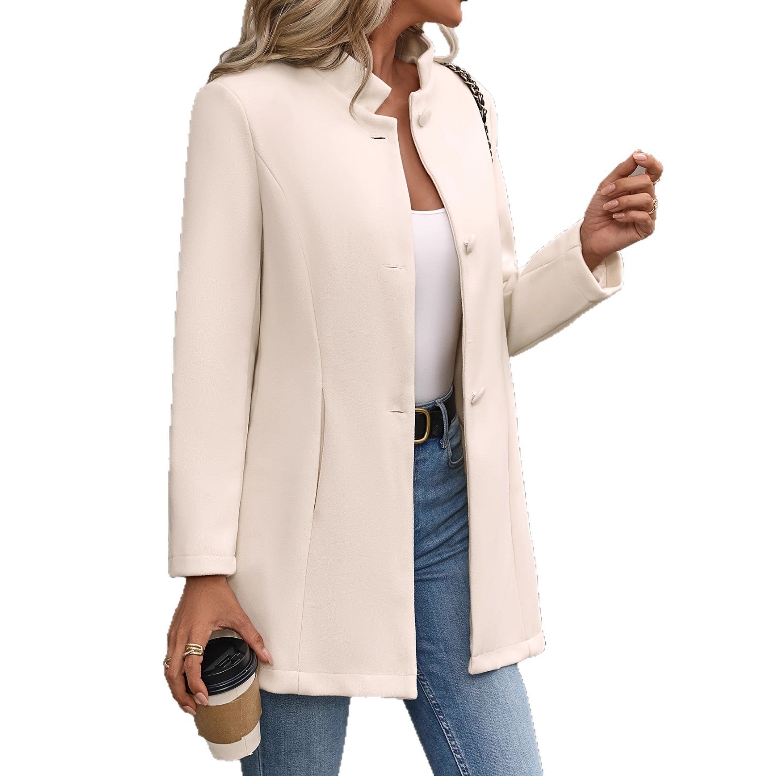 European And American New Fall And Winter Lapels Slim-fit Wool Solid Color Fashion Temperament Coat